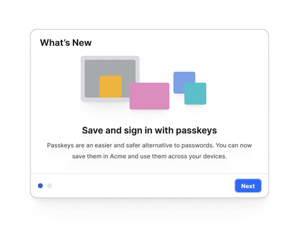 An announcement panel showing recent product updates and new features